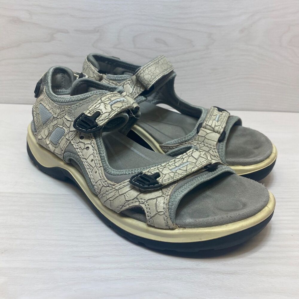 ECCO Yucatan Sandals Women's Size 8 Gray Leather Comfort Straps Walking Hiking